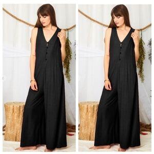 Black Wide-Leg Jumpsuit with Deep V-Neck